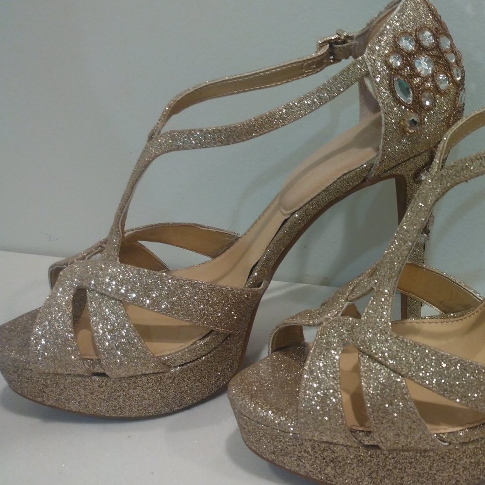 Gold embellished evening heels